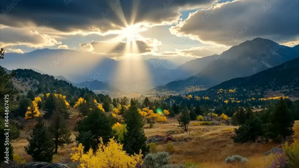 Poster dramatic timelapse of dark clouds and sunbeams illuminating a mountain landscape in colorado, dramat