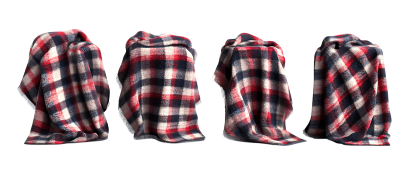 Pack of Plaid Wool Blankets in Five Different Poses Against Transparent Background for Textile Branding, Cozy Decor, or Winter Lifestyle Projects