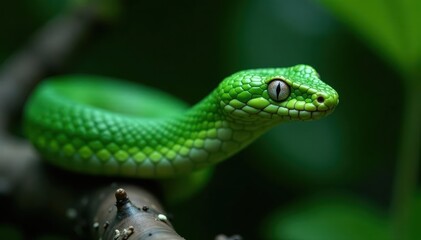 Fototapeta premium Emerald Boomslang tightly wound, forked tongue extended , nature, Africa