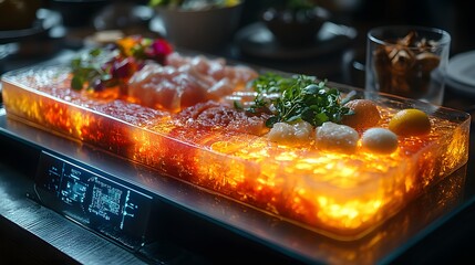 Innovative food display featuring seafood, garnishes and spherical elements presented on an illuminated tray, close-up shot on a transparent background, PNG image, PNG file.