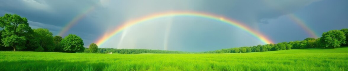 Vibrant rainbow arcing over lush green summer landscape after rain , trees, valley