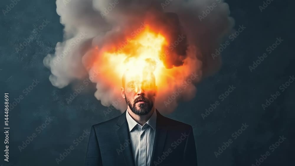 Poster businessman experiencing intense mental pressure, mind exploding in fiery cloud, symbolizing severe 