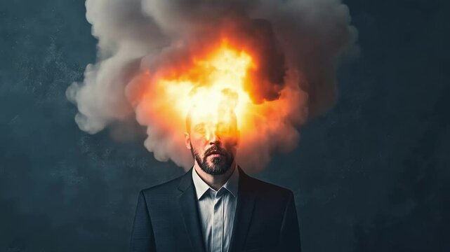 Businessman experiencing intense mental pressure, mind exploding in fiery cloud, symbolizing severe burnout and overwhelming professional stress