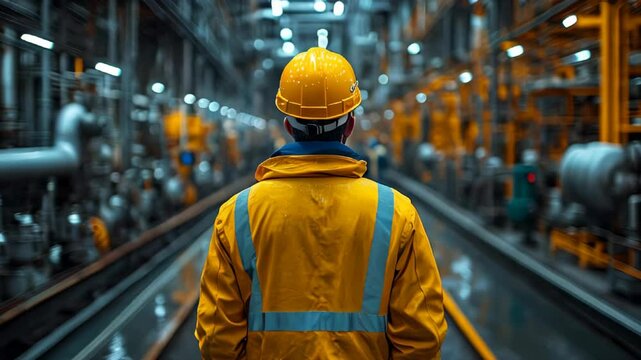 A worker in yellow safety gear stands with their back to the camera in an industrial facility. Bright yellow equipment and machinery surround them as they observe the ongoing operations and logistics.