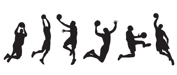 Basketball Player Silhouettes Performing Slam Dunks – Vector Set