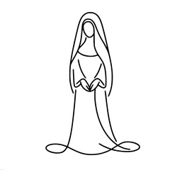 One line drawing of a nun holding something, vector outline of one line