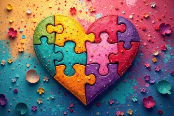 A heart made of interconnected puzzle pieces representing a loving family, heart to heart, family heart, loved ones