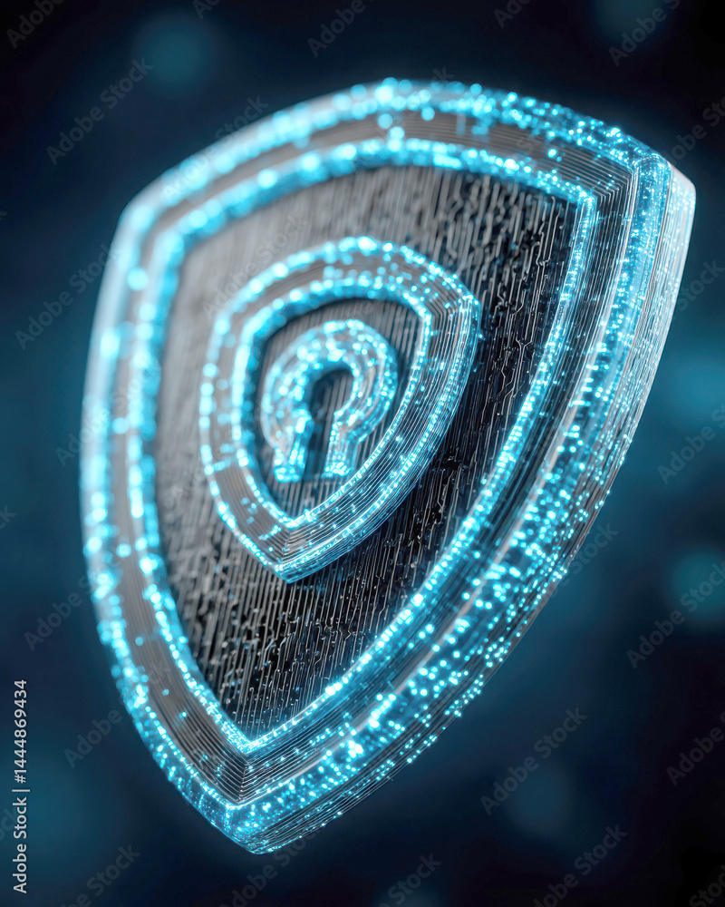 Poster a digital shield with a glowing lock symbolizes cybersecurity and data protection in a futuristic st