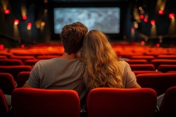 Man and woman lean together in a warm red-lit movie theater, watching the screen from the back row