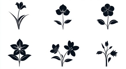 A compilation of abstract black and white flowers, including botanical and floral icons and logos