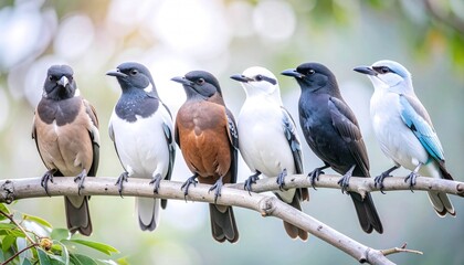 Close-up of various migratory bird species perched on tree branches, soft bokeh background