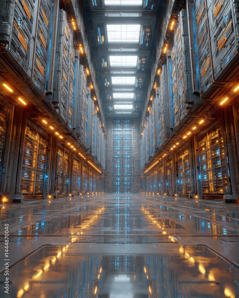 Poster a futuristic, brightly lit server room with symmetrical rows of high-tech data racks and reflective 