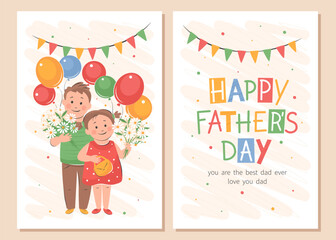 Happy Fathers Day card set. Cute children congratulate dad. Vector  illustration for postcards, posters, banner.