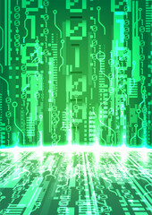 Digital Circuitry Abstraction A visually captivating abstract depiction of digital circuitry, represented through illuminated green lines and geometric shapes.