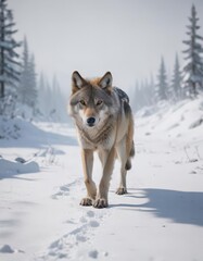 Obraz premium A lone Eurasian wolf traversing a snow-covered terrain , nature, cold