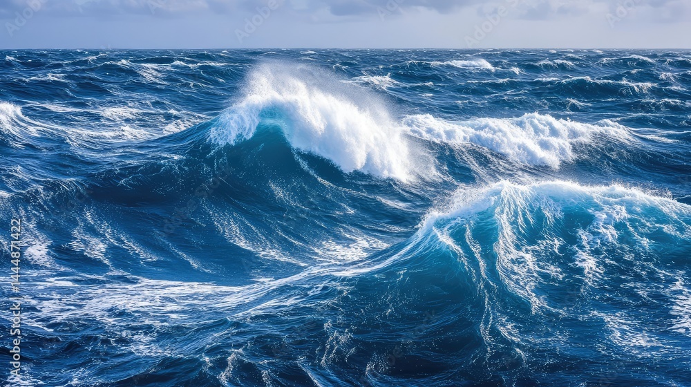 Poster powerful ocean waves crashing and rolling with foam under a dramatic sky during the daylight hours c