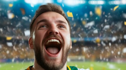 Excited fan celebrating victory in a crowded stadium during a sports event