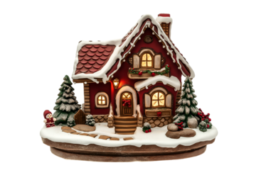 Festive Holiday House Ornament Covered in Snow with Warm Interior Lighting