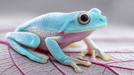 Closeup of blue frog with textured skin sitting on purple veined leaf, showing detailed eyes and limbs in soft natural light environment