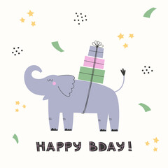 Happy Birthday card with cute elephant, presents and colorful confetti. Hand drawn greeting card or poster creative design.