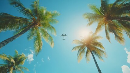 Airplane over tranquil palm trees against a bright, clear tropical sky