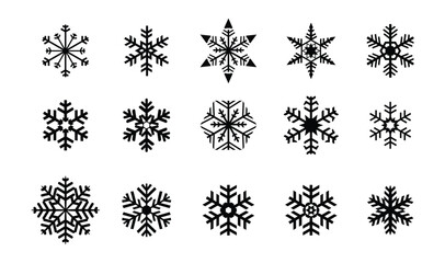 Vector Set of Black Snowflake Icons on White Background