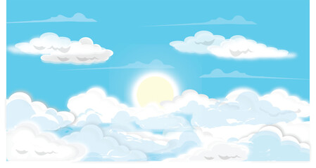 Bright Sunrise Above Cartoon Clouds in Blue Sky