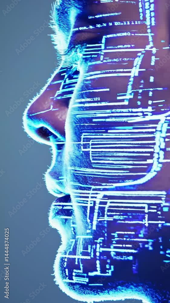Poster close-up side profile of a face with digital blue circuit patterns projected. futuristic video conce