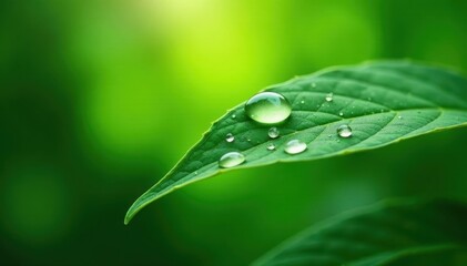 Vibrant green leaf, glistening dew drops, soft light , pure, organic