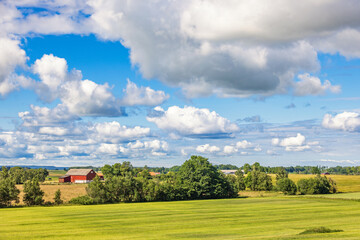Landscape view in the countryside with a barn
