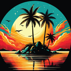 Tropical Beach at Sunset with Island © Biswas