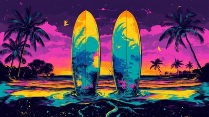 Surfboards are positioned on a sandy beach surrounded by palm trees illuminated at dusk, ideal for advertisements related to water sports or travel, as depicted in the Twilight Surf illustration