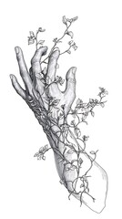 Hand entangled in vines and leaves, a monochrome illustration of nature's hold