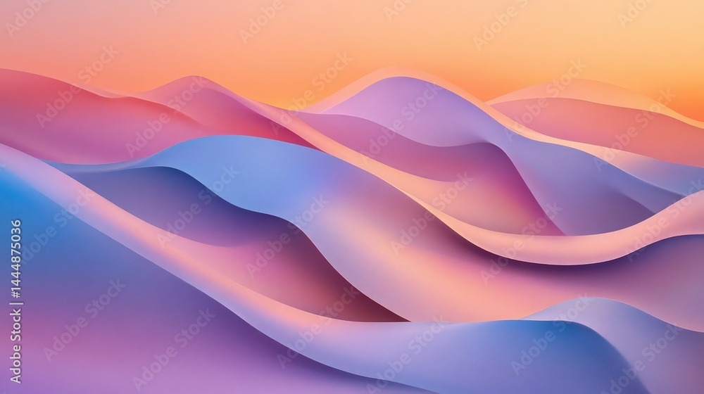 Poster serene abstract landscape with flowing waves of soft pastel colors in gentle gradients reflecting a 