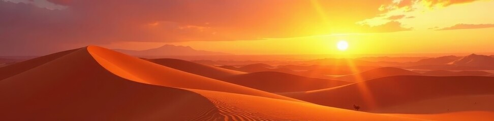 Golden sunset hues paint towering desert dunes, light, vast