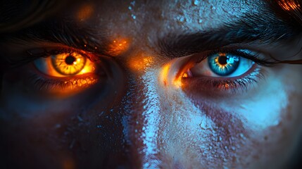 Naklejka premium Intense stare with heterochromia, one eye with golden glow, the other with blue light, creating a striking contrast on a transparent background, PNG image, PNG file.