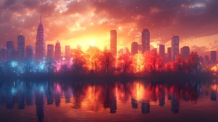 Fototapeta premium Glowing skyline with colorful trees reflected in water at sunset, serene environment, city park near buildings at twilight, tranquil scene on a transparent background, PNG image, PNG file.