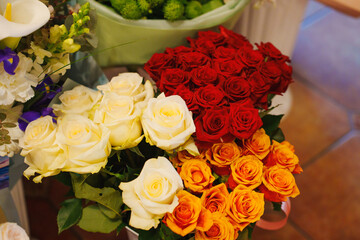 Colorful assortment of roses in a floral arrangement display