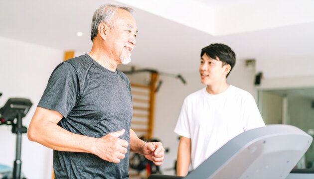 Senior Asian man exercising on treadmill with young trainer healthy active aging