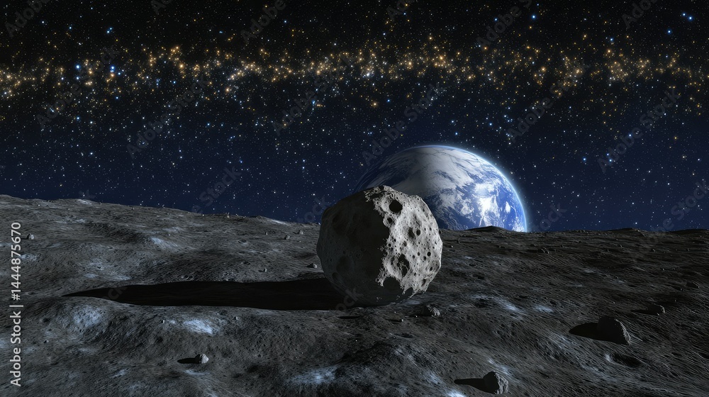 Poster captivating cosmic landscape with an asteroid on a moon surface and earth in the background under a 