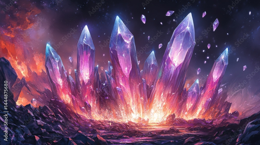 Poster a vibrant illustration depicts a dynamic scene with a cascade of transparent crystal shards suspende