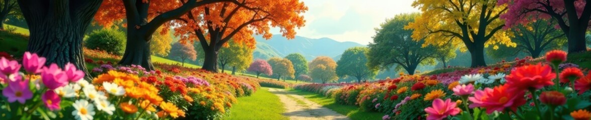 Abundant colorful flowers, diverse trees, idyllic scene , summer, spring