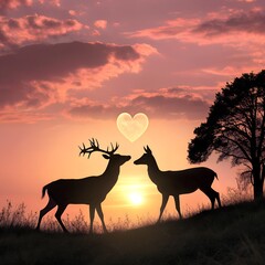 Two deer silhouetted against a sunset, with a heart-shaped glow between them.