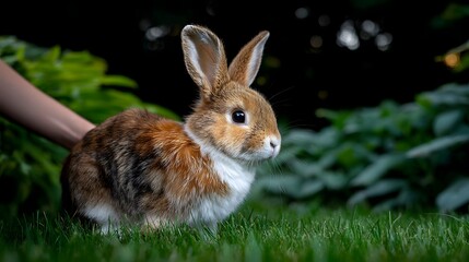 Fototapeta premium Calm rabbit nestled in green grass with a teenager gently brushing its soft fur in care