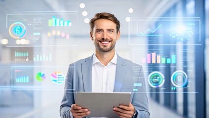 Smiling Professional Holding Tablet with Business Analytics in Modern Office Environment