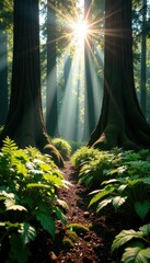 Sunlight dapples redwood forest floor, lush ferns , outdoor, dappled, redwood