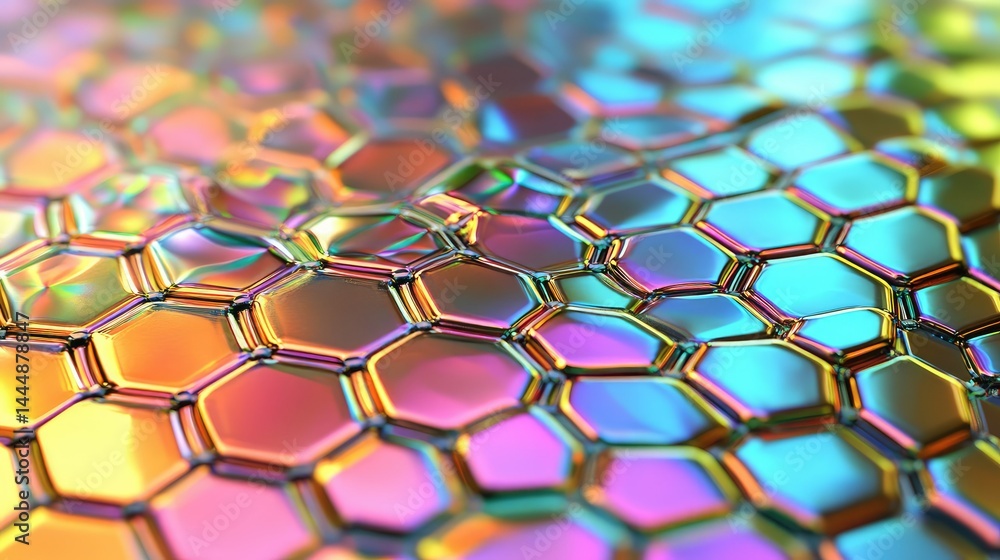 Poster vibrant hexagonal pattern with iridescent colors reflecting light in a stunning abstract design suit