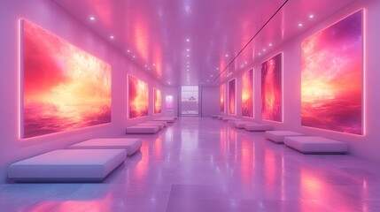 Fototapeta premium Long hallway displaying abstract, colorful artwork, featuring modern white benches and lighting elements in a gallery setup on a transparent background, PNG image, PNG file.