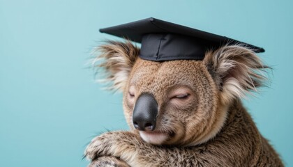 Obraz premium Graduating koala wearing a cap against a teal background.