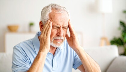 Senior Man Suffering from Severe Headache at Home Holding His Temples